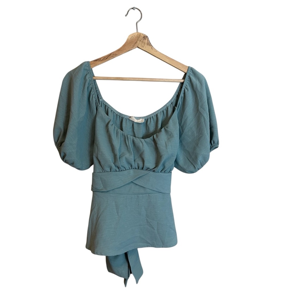 Teal Puffy Off Shoulder Sleeve Blouse/Altar’d State/Tie Back/Cinched/ Size XL